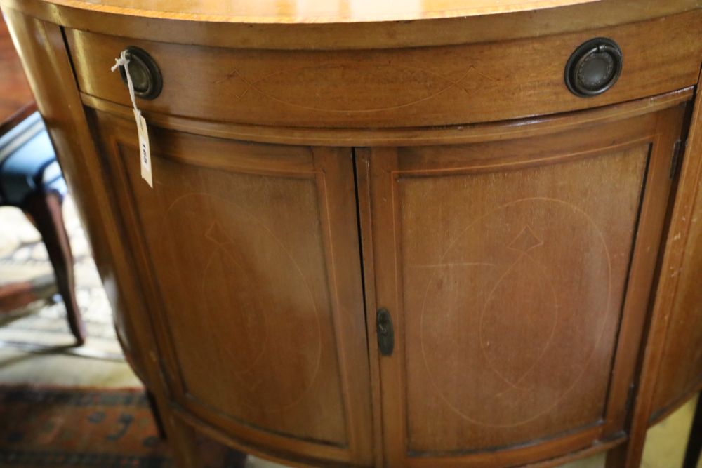 A Sheraton revival mahogany demi lune cabinet, width 95cm, depth 42cm, height 94cm